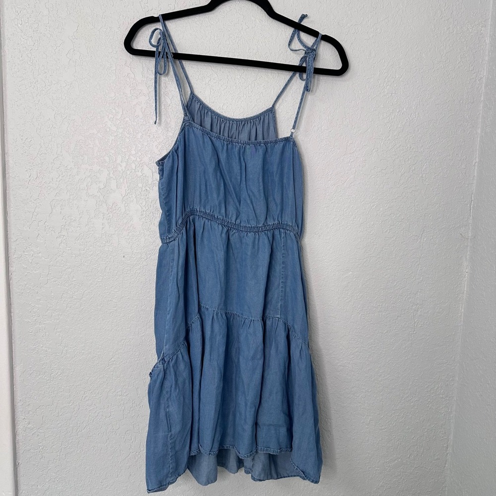 Walter Baker Blue Lyocell Tiered Mini Dress XL Tie Strap Chambray Style W71353
